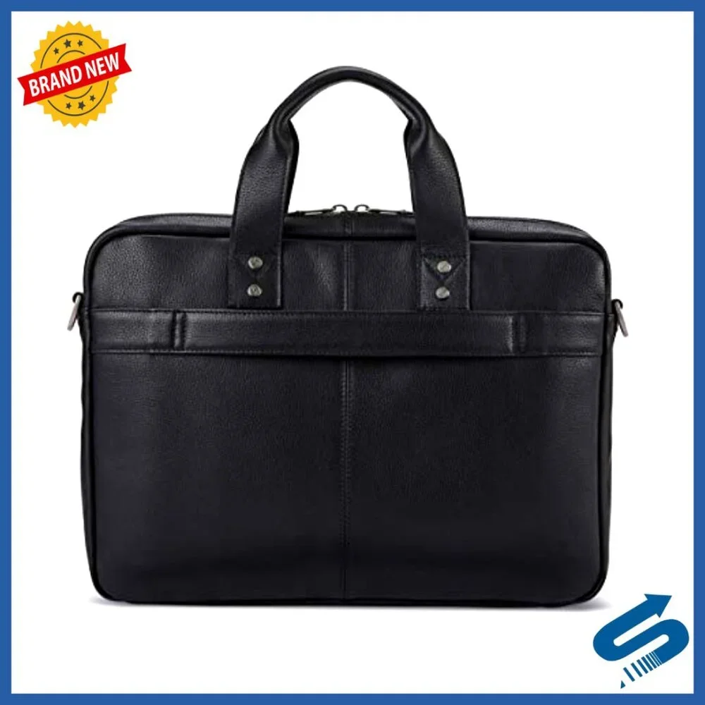 Leather Slim Briefcase with Padded Laptop Compartment and Detachable Strap